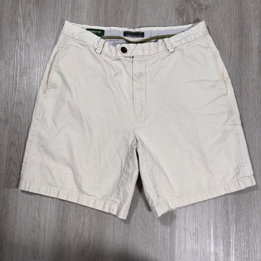 Orvis Mens Chino Shorts Khaki Beige Cotton Twill Size 34 Casual Outdoors *Flaws